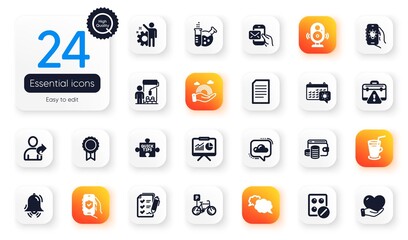 Set of Business flat icons. Chemistry lab, Clock bell and Employee elements for web application. Messenger mail, Travel calendar, Bicycle parking icons. Messenger, Cloud communication. Vector