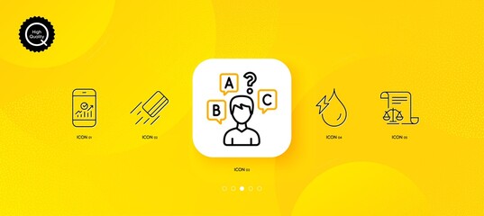 Fototapeta na wymiar Credit card, Smartphone statistics and Hydroelectricity minimal line icons. Yellow abstract background. Legal documents, Quiz test icons. For web, application, printing. Vector