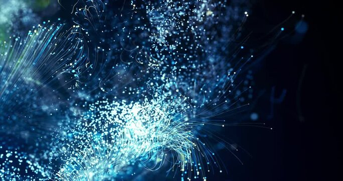 Abstract Colorful Optical Fibers Connecting To Other Networks. Electrical Signals Flowing Inside Of Complex Network. Technology Related 3D Animation.