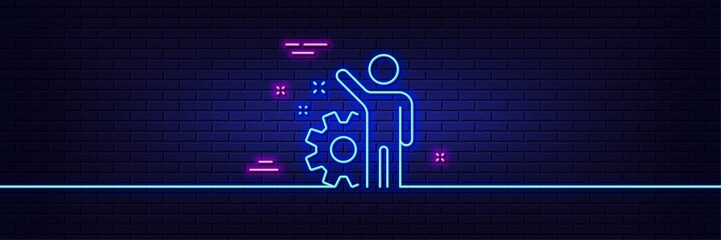 Neon light glow effect. Employee line icon. Business management sign. Work or gear symbol. 3d line neon glow icon. Brick wall banner. Employee outline. Vector