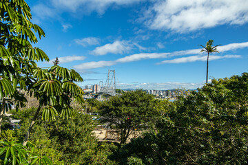 Sunny day view of the Hercilio Luz suspension bridge. The longest suspension bridge in Brazil and...