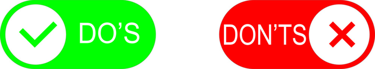 Do's and don'ts icon in flat style. Do and do not red and green icon. Good and bad icons positive and negative symbols. Green check mark and red cross icon