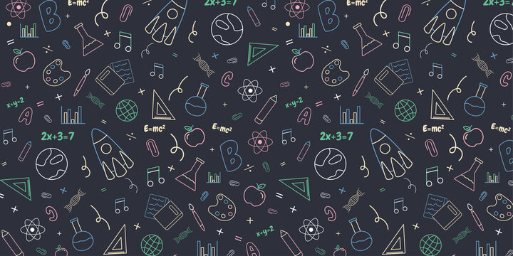 Fototapeta Colorful seamless pattern with doodles of school supplies and creative element.Concept of school backgrounds.Vector illustration