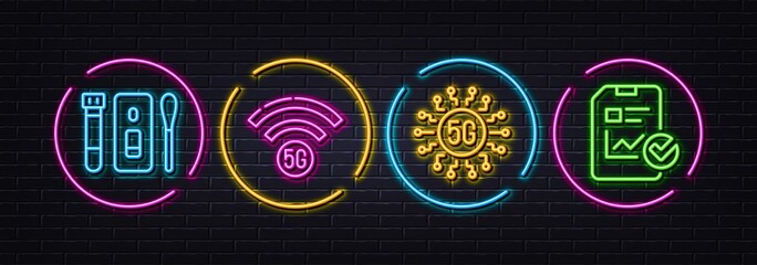 5g technology, 5g wifi and Covid test minimal line icons. Neon laser 3d lights. Report checklist icons. For web, application, printing. Wireless communication, Wireless internet, Nasal testing. Vector