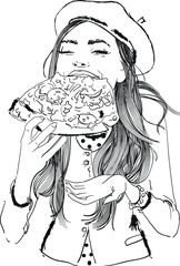 the girl with a hair eat pizza