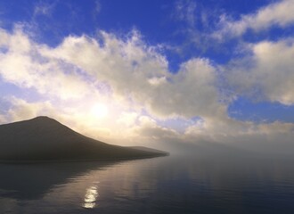 Fototapeta premium Light from heaven over the sea, seascape, sunset over water, light through clouds, 3d rendering