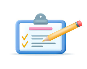 Yellow pencil and paper Document. Writing, Copywriting, goal setting and workflow planning. Stationery tool. Realistic 3d vector illustration isolated on white background.