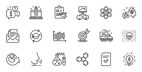 Outline set of Idea, Cyber attack and Share idea line icons for web application. Talk, information, delivery truck outline icon. Include Work home, Chemical formula, Checklist icons. Vector