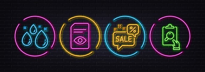 Water drop, Discounts bubble and View document minimal line icons. Neon laser 3d lights. Inspect icons. For web, application, printing. Aqua, Sale message, Open file. Clipboard document. Vector