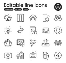 Set of Business outline icons. Contains icons as Green electricity, Business statistics and Favorite elements. Vote, Seo timer, 360 degree web signs. Open door, Puzzle. Vector