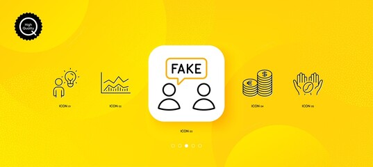 Fototapeta na wymiar Currency, Trade infochart and Fake information minimal line icons. Yellow abstract background. Coffee, Group people icons. For web, application, printing. Vector