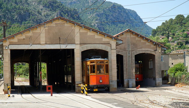 Vintage red tram in in shed Soller Mallorca Spain. - Powered by Adobe
