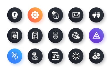 Minimal set of Report document, International globe and Swipe up flat icons for web development. Face biometrics, Social media, Pyramid chart icons. Recovery gear, Computer cables. Vector