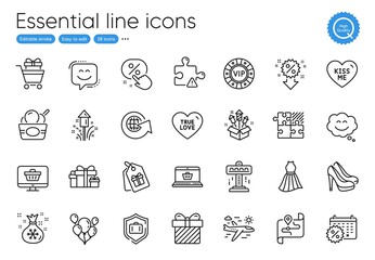 Shoes, Web shop and Calendar discounts line icons. Collection of Discount, Map, Fireworks rocket icons. Attraction, Smile face, Airplane travel web elements. Kiss me, Vip chip, Online shopping. Vector