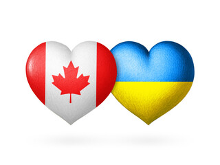 Two flags. Flags of Ukraine and Canada. Two hearts in the colors of the flags isolated on a white background. Protection, solidarity and help.