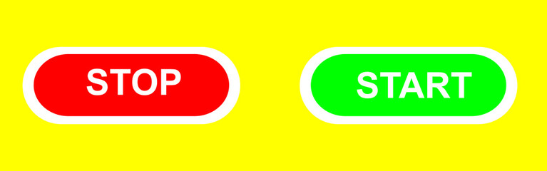 Start and stop buttons. Web buttons isolated on yellow background. Green and red buttons. Press button icon vector