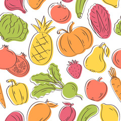 Vector seamless pattern with vegetables, fruits and berries. Healthy lifestyle background in cartoon sketch style. Icons background with tomato, beet, pea, cabbage. Summer tropical print for fabric