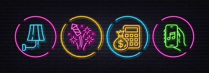 Fireworks rocket, Finance calculator and Wall lamp minimal line icons. Neon laser 3d lights. Music app icons. For web, application, printing. Vector