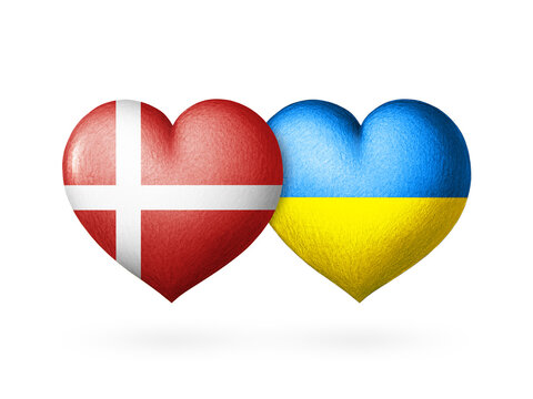 Two flags. Flags of Ukraine and Denmark. Two hearts in the colors of the flags isolated on a white background. Protection, solidarity and help.