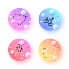 Consultant, Smile face and Teamwork minimal line icons. 3d spheres or balls buttons. Like icons. For web, application, printing. Call center, Love heart, Remote work. Thumbs up. Vector