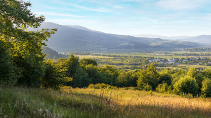 Obraz premium Mounting landscape view on the meadow with green grass and trees in the evening