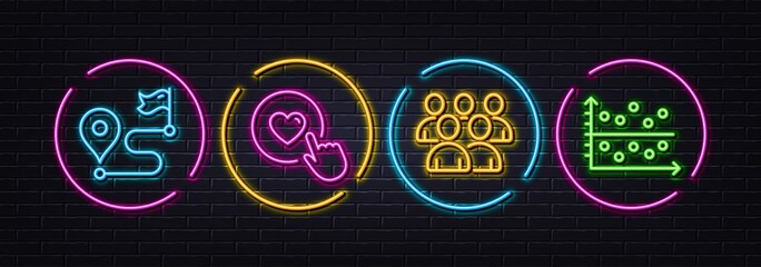 Group, Like button and Journey minimal line icons. Neon laser 3d lights. Dot plot icons. For web, application, printing. Developers, Press love, Trip distance. Presentation graph. Vector