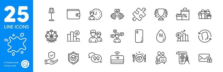 Outline icons set. Romantic dinner, Shopping and Secure mail icons. Holiday presents, Quote bubble, Confirmed web elements. Ferris wheel, Divider document, Insurance hand signs. Vector