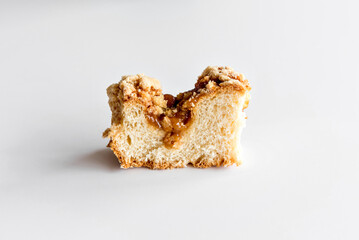 piece of traditional Brazilian Cuca filled with dulce de leche.