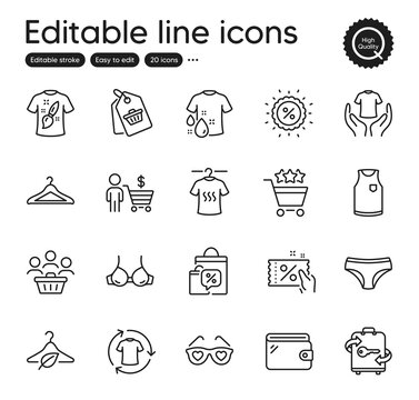 Set of Fashion outline icons. Contains icons as Panties, Change clothes and Buyer elements. Wash t-shirt, Luggage, Sale tag web signs. Wallet, Discount, Discount coupon elements. Bra. Vector