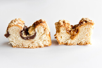 pieces of traditional Brazilian Cuca filled with dulce de leche and chocolate.