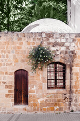 Old building with door, window and flowering caper bush on stone wall background.