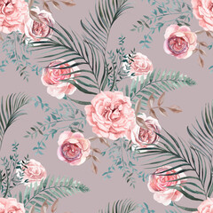 Seamless watercolor pattern with a Bouquet of roses and tropical dried flowers in Boho style painted in watercolor for textile and fabrics