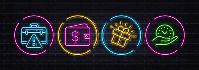 Warning briefcase, Gift and Dollar wallet minimal line icons. Neon laser 3d lights. Safe time icons. For web, application, printing. Business bag, Marketing box, Cash money. Management. Vector