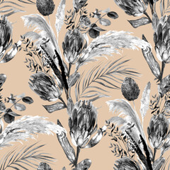 Monochrome watercolor seamless pattern with herbarium of protea flowers and tropical palm leaves for summer textiles of women's dresses and clothes