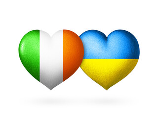 Two flags. Flags of Ukraine and Ireland. Two hearts in the colors of the flags isolated on a white background. Protection, solidarity and help.