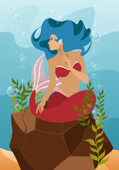 Obraz na płótnie Canvas Mermaid. A girl with a pink tail and blue hair sits on a stone ocean floor among algae. Vector illustration of mythology and fairy tales.