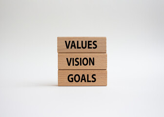 Values Vision Goals symbol. Concept words Values Vision Goals on wooden blocks. Beautiful white background. Business and Values Vision Goals concept. Copy space.