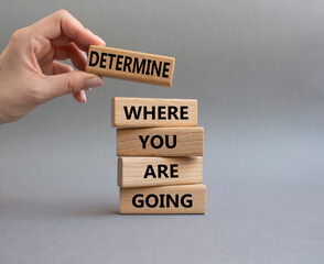 Determination symbol. Wooden blocks with words Determine where you are going. Beautiful grey background. Businessman hand. Business and Determine where you are going concept. Copy space