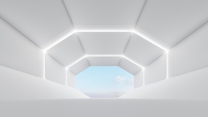 Interior background glowing arched openings in empty room 3d rendering