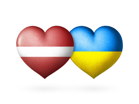 Two flags. Flags of Ukraine and Latvia. Two hearts in the colors of the flags isolated on a white background. Protection, solidarity and help.