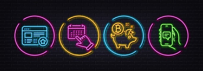 Event click, Bitcoin coin and Favorite minimal line icons. Neon laser 3d lights. Chat app icons. For web, application, printing. Calendar month, Piggy bank, Star feedback. Smartphone message. Vector
