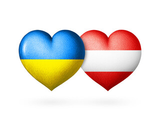 Two flag heart. Flags of Ukraine and Austria. Two hearts in the colors of the flags isolated on a white background. Protection, solidarity and help.