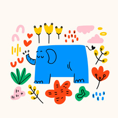 Abstract elephant design with doodle elements on the white background. Good vibes. Cute greeting card with elephant and colorful hearts. Kids room poster, baby nursery, greeting card, clothing.