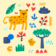 Hand drawn doodle set of leopard, plants and doodle spots. Colorful african wildlife and exotic predator. Abstract tropical jungle leaves. Color doodle style print with animal and botanical elements.