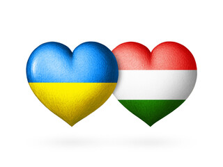 Two flag heart. Flags of Ukraine and Hungary. Two hearts in the colors of the flags isolated on a white background. Protection, solidarity and help.