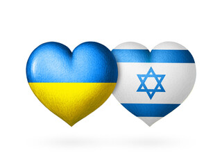 Two flag heart. Flags of Ukraine and Israel. Two hearts in the colors of the flags isolated on a white background. Protection, solidarity and help.