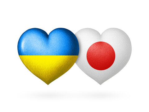 Two flag heart. Flags of Ukraine and Japan. Two hearts in the colors of the flags isolated on a white background. Protection, solidarity and help.