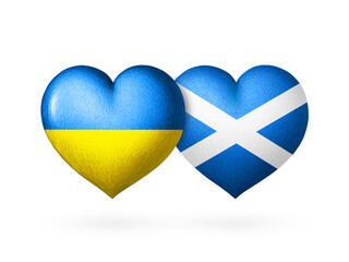 Two flag heart. Flags of Ukraine and Scotland. Two hearts in the colors of the flags isolated on a white background. Protection, solidarity and help.