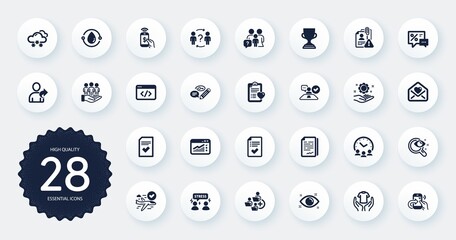 Set of Business icons, such as Add team, Refer friend and Employee hand flat icons. Snow weather, Hold t-shirt, Web traffic web elements. Cold-pressed oil, Confirmed flight, Discounts signs. Vector