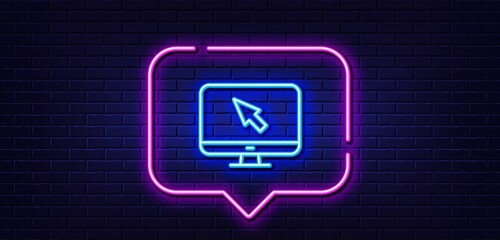 Neon light speech bubble. Computer or Monitor icon. Mouse cursor sign. Personal computer symbol. Neon light background. Internet glow line. Brick wall banner. Vector